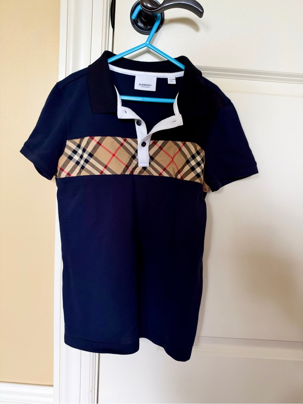 Burberry Kids Navy Icon Check Panel Polo Shirt 12Y